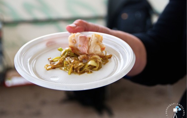 Appetizer with prawns, Marchisio Lard, chestnuts and leeks